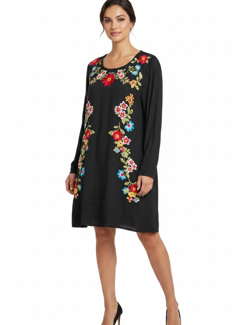 Andre by Unit Embroidered Floral Shift Dress Small Black Boho Tunic Dress